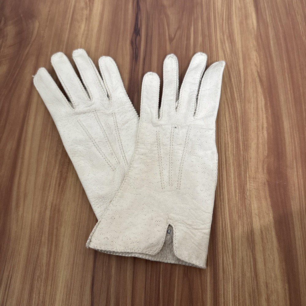 VTG Deerskin Soft Leather Gloves Winter White Cream Sz 7 Washable Top‎ Stitching